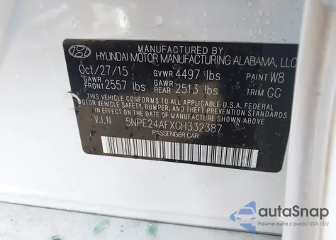 2016 Hyundai Sonata Se z USA, uszkodzony, nr VIN 5NPE24AFXGH332387